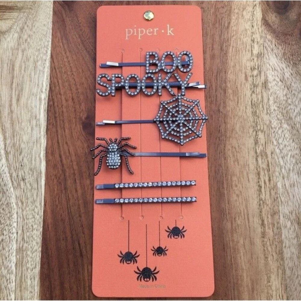 Piper K Halloween Hair Pins Clips Rhinestone Spider Web Set Goth Costume Bling